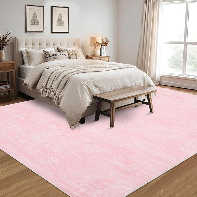 RUGSREAL Area Rug 5x7 Machine Washable Area Rug for Living Room Non-Slip Stain Resistant Modern Abstract Bedroom Rug Contemporary Solid Throw Rug Foldable Accent Floor Carpet for Dining Room, Pink