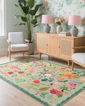 Boho Washable Area Rug 4x6 – Floral Low Pile Non-Slip Carpet for Living Room, Bedroom, Office, Playroom, Entryway, Kitchen, Dining Room (Green)