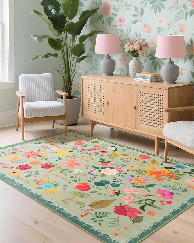 Boho Washable Area Rug 4x6 – Floral Low Pile Non-Slip Carpet for Living Room, Bedroom, Office, Playroom, Entryway, Kitchen, Dining Room (Green)