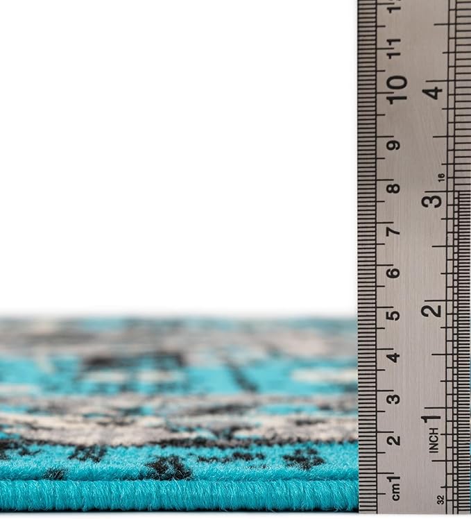 Unique Loom Taftan Collection Border Geometric Tribal Inspired Design Area Rug (4' 0 x 6' 0 Rectangular, Turquoise/ Gray)