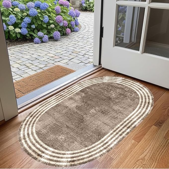 Country Earth Tone Brown Minimalist Distressed Home Office Rugs 2x3 for Living Room Bedroom Diningrooom Machine Washable Soft Thick Area Rug Nursery Dorm Kitchen Oval Geometric Bordered Large Carpet