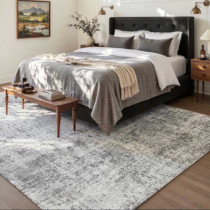 Area Rug 8x10 Washable Rug Light Grey for Living Room, Dining Room, Bedroom, Large Carpets, Non Slip & Non-Shedding Low Pile Vintage Print Rug for Home Office Decor