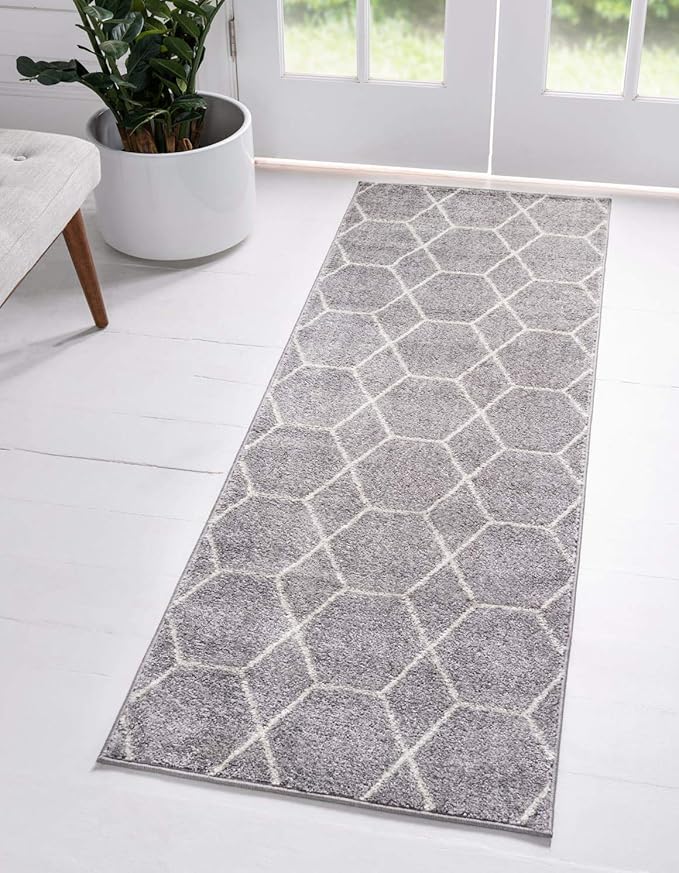 Unique Loom Trellis Frieze Collection Area Rug - Geometric (2' x 13' 1" Runner, Light Gray/ Ivory)