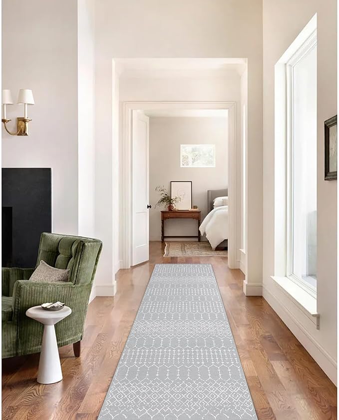Lahome Moroccan Runner Rugs for Hallway 2x8 Throw Ultra-Thin Kitchen Rugs Runner Non Skid Washable Non-Slip Entryway Carpet Grey Distressed Print Mat for Bathroom Bedroom Laundry Room