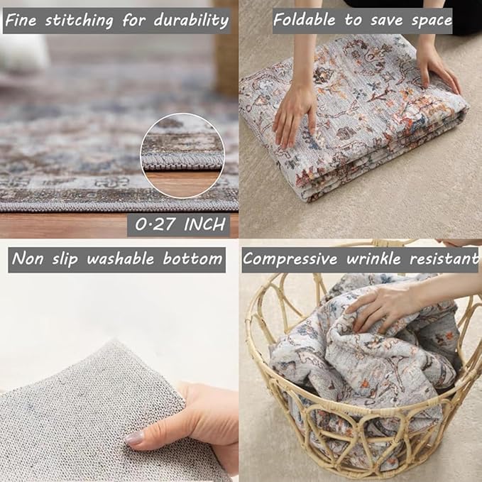 Area Rug 8x10 Washable Rug Brown Vintage Traditional Mat Distressed Indoor Foldable Thin Retro Accent Floral Non Slip Carpet Living Room Dining Room Office