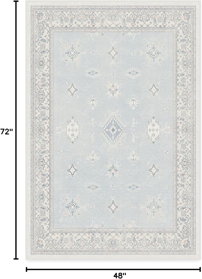 RUGGABLE Washable Vintage Area Rug – Verena Soft Blue 4x6, Stain-Resistant, Non-Slip – Medium Machine Washable Rugs for Living Room, Bedroom, Hallway, Entryway & Office–with Cushioned Pad