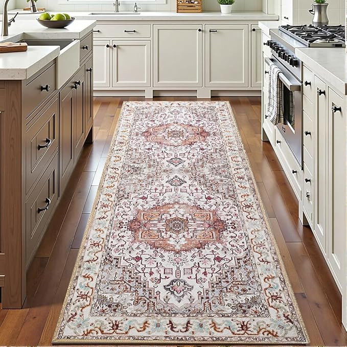 Runner Rug 2×6, Machine Washable Non-Slip Vintage Area Rug, Low Pile, Indoor Carpet Printed Floral Rugs for Living Room, Entryway, Kitchen, Bedroom,Beige