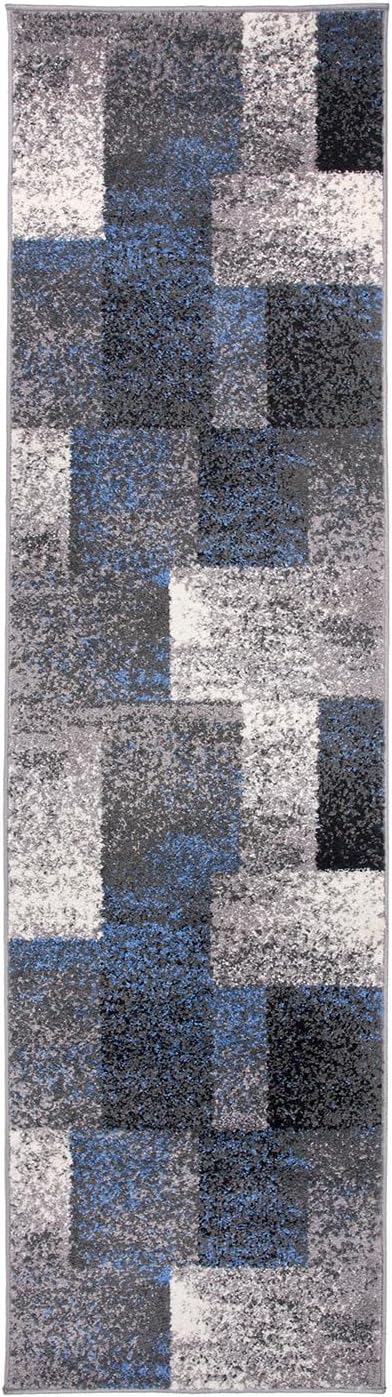 Rugshop Blue Modern Distressed Boxes Runner Rug — Non-Shedding for Hallway, Entryway and Kitchen 2' x 7'