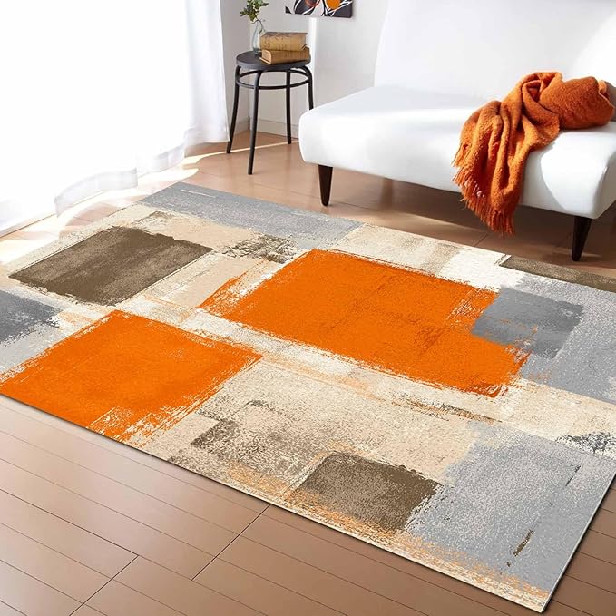 Orange Rectangular Area Rugs for Living Room Bedroom 2.8 x 5 ft Abstract Paint Texture Modern Art Non-Shedding Soft Low Pile Rug Non Slip Washable Rug for Nursery Entryway Playroom