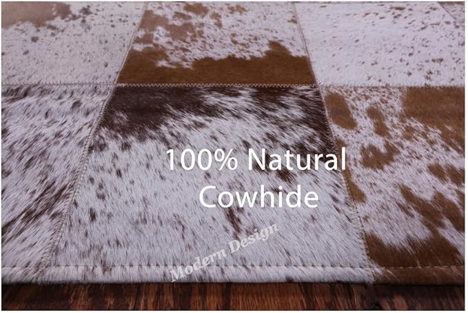 Modern Design Premium Cowhide Leather Carpet with Chevron Pattern, Area Rug (White/Brown, 9'6"x14'0)