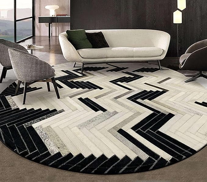 Round Cowhide Faux Leather Area Rug 7×7 ft – Black & White Modern Chevron Pattern Low Pile Carpet with Non-Slip Wool Backing, Soft Durable Living Room & Bedroom Accent Rug