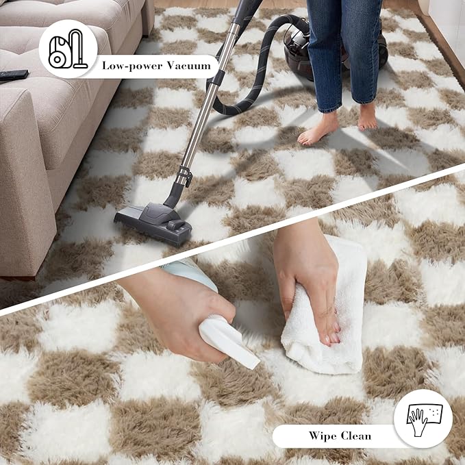 Checkered Rug for Bedroom, 5x8 Beige and White Area Rugs, Classic Checkered Carpets Shaggy Area Rug, Bedside Rugs for Living Room Bedroom Kids Room Home Decor