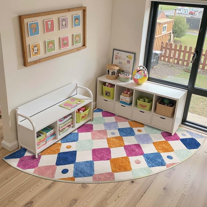 jinchan Macy Kids Rug for Nursery 6ft Radius Corner Washable Area Rug Modern Colorful Quarter Circle Rug Soft Non-Slip Carpet for Bedroom Playroom Daycare Reading Nook Classroom Berries on Cream