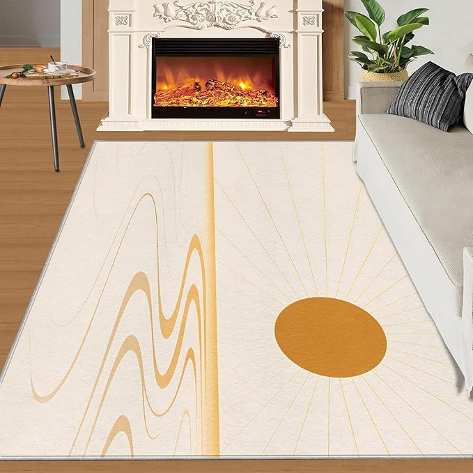 Boho Sun Area Rugs 4x5ft, Minimalist Sunburst Kids Play Rug, Geometric Solar Throw Rugs Bedroom Fluffie Soft for Coffee Shop Living Room Under Table Game Room