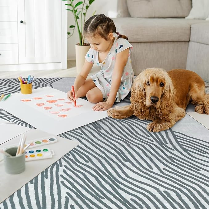 YIHOUSE Grey Rug for Living Room, 8×10 Modern Abstract Area Rug, Geometric Contemporary Wave Striped Rugs for Playroom Nursery, Washable Nonslip Large Rug for Bedroom Dining Room