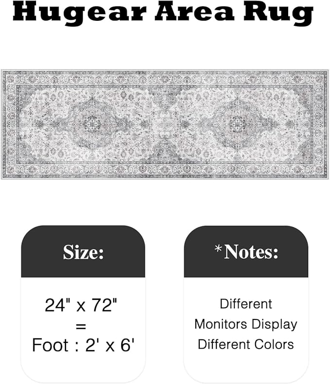 HUGEAR 2x6 Runner Rug Hallway Vintage Grey Machine Washable Neutral Floral Low Pile Carpet Vacuumable Thin Long Throw Rug Bedroom Office Bathroom Kitchen Laundry Non Slip Soft Lightweight