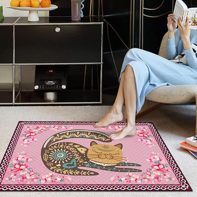Cartoon Animal Pattern Area Rug Cute Cat Luxury Floral Decor for Carpet Farmhouse Bedroom Living Room Rugs Bathroom Kitchen Runner Mat Indoor Outdoor Non Slip Doormat 2' X 5.2'
