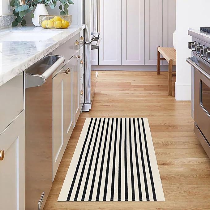 KOZYFLY Black and Beige Striped Porch Rug 27.5x43 Inches Area Rug Washable Outdoor Doormat Front Door Mat Cotton Striped Indoor Outdoor Rug for Front Door Kitchen Entryway Patio Porch
