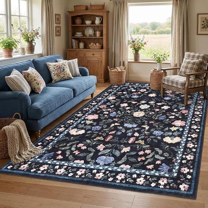 5x7 Washable Non-Slip Rug, Vintage Floral Area Rug for Living Room, Low Pile Farmhouse Distressed Carpet for Nursery Playroom Dorm Teens Office, Dark Grey Blue