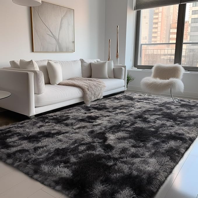 Zentavio Black and Grey Area Rugs for Living Room Large Men Room Carpet 5x8 Bedroom Fluffy Furry Shag Aesthetic Plush High Pile Floor Rug for Kids Room Dorm Home Decor Gray