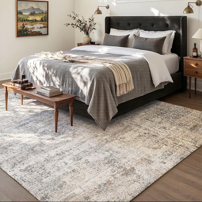 Area Rug 6x9 Washable Rug Grey and Beige for Living Room, Dining Room, Bedroom, Large Carpets, Non Slip & Non-Shedding Low Pile Vintage Print Rug for Home Office Decor