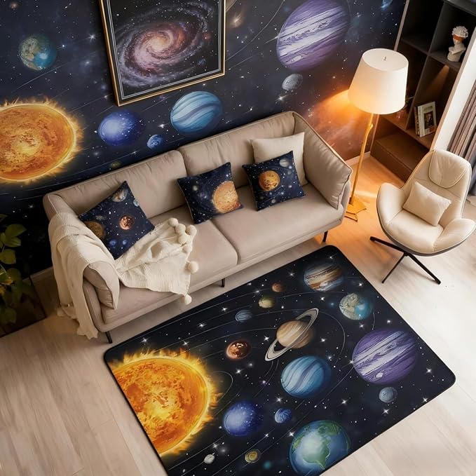 Planet 3 x 5 Area Rug Solar System Outer Space Rugs for Living Room | Universe Galaxy Washable Rug, Cosmic Earth Star Carpet Indoor Floor Mat