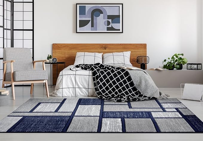 Navy Blue Geometric 8x10 Area Rug – Modern Patterned Carpet for Living Room, Bedroom, or Office – Soft Durable Floor Rug – Stylish Contemporary Design