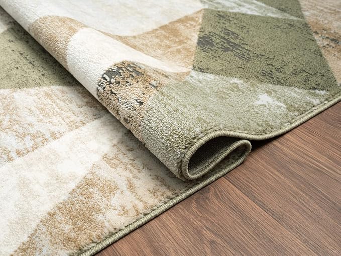 Abani Savoy Collection Area Rug - Green and Cream Geometric Design - 5'3"'x7'6 - Easy to Clean - Durable for Kids and Pets - Non-Shedding - Medium Pile - Soft Feel -for Living Room, Bedroom & Office