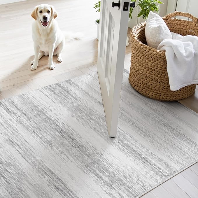 PADOOR Modern Abstract Area Rug - 3x5 Washable Rugs Non-Slip Small Carpet, Ultra Soft Low Pile Floor Rugs for Entrance Front Door Bedroom Bedside Laundry Room Grey