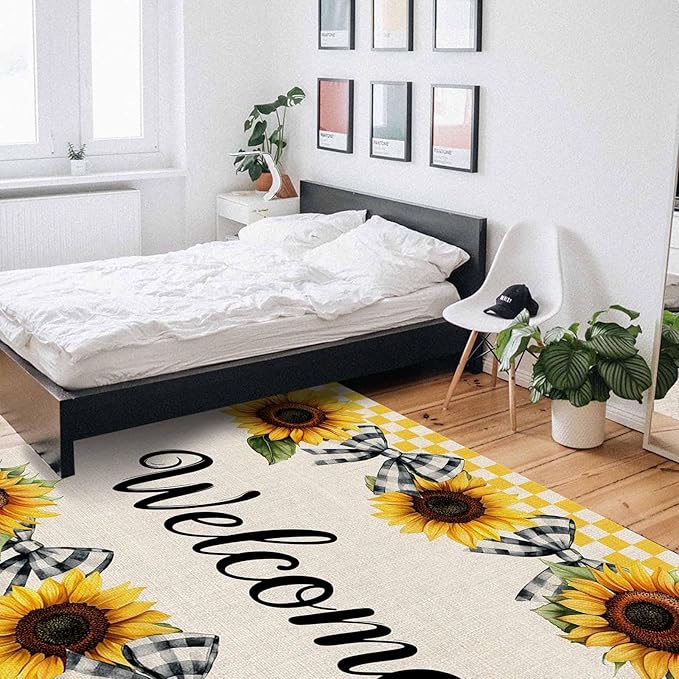 Summer Sunflowers Rectangular Welcome Area Rugs for Living Room Bedroom 4 x 6 ft Bow Tie Plaids Non-Shedding Soft Low Pile Rug Rustic Linen Non Slip Washable Rug for Nursery Entryway Playroom