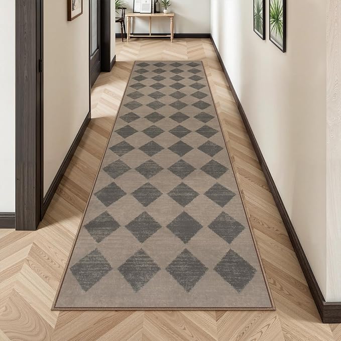 Lahome Checkered Washable 2x8 Brown Runners for Hallways Non Slip, Ultra-Thin Kitchen Bathroom Runner Rugs, Moroccan Trellis Throw Carpet Runner for Bedroom Entryway Decor (2'x8',Brown)