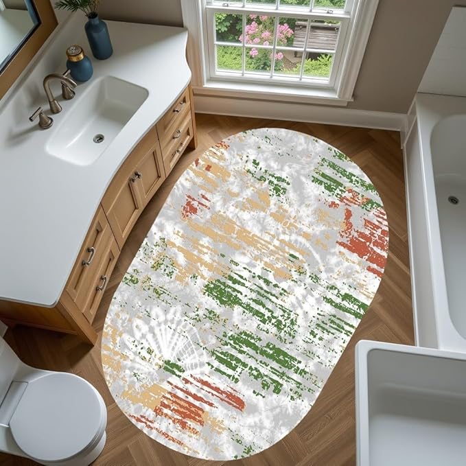 Distressed Abstract Art Aesthetic Deco Indoor Oval Rugs 5x7 for Living Room Bedroom Dining Room Soft Non Skid Easy Clean Big Carpet Nursery Dorm Farmhouse Rustic Grey Green Tie-Dye Texture Area Rug