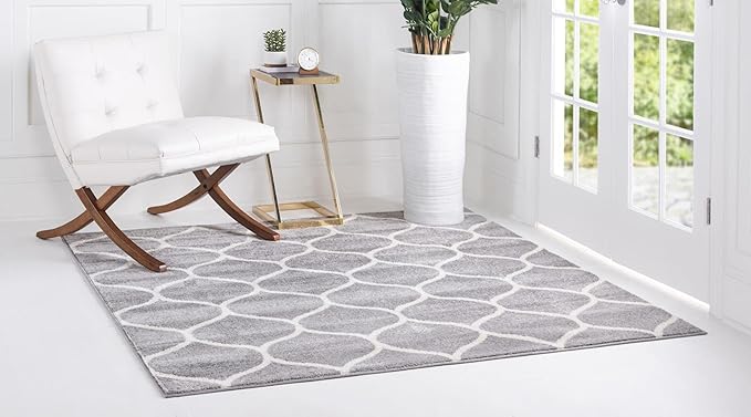 Rugs.com Lattice Frieze Collection Rug – 7' Square Light Gray Medium Rug Perfect for Living Rooms, Kitchens, Entryways