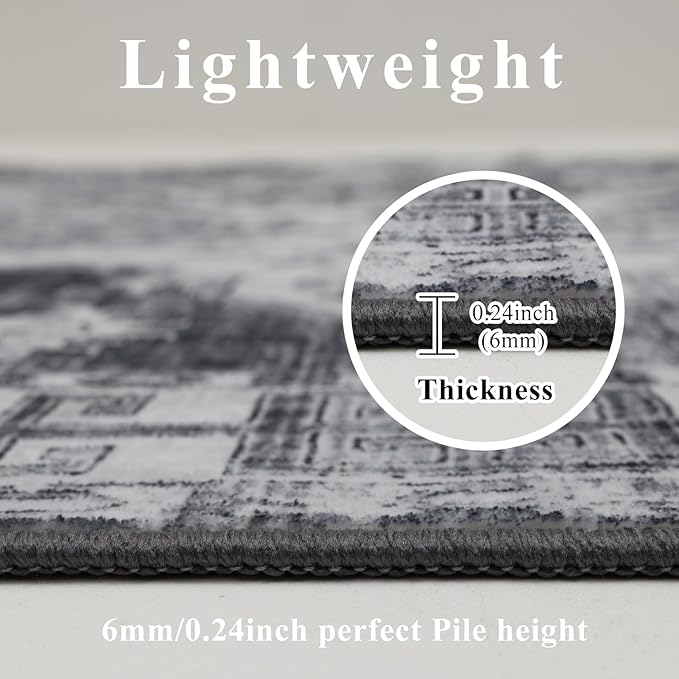 Washable 6x9 Area Rug for Living Room, Carpet for Bedroom Dining Room, Non Slip&Non-Shedding Resistant Low Pile Vintage Print Rug for Home Office (Medium Gray)