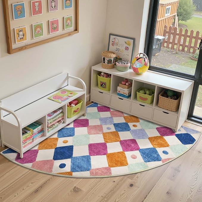 jinchan Macy Kids Rug for Nursery 5ft Radius Corner Washable Area Rug Modern Colorful Quarter Circle Rug Soft Non-Slip Carpet for Bedroom Playroom Daycare Reading Nook Classroom Berries on Cream