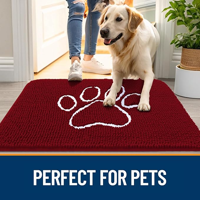 OLANLY Dog Door Mat for Muddy Paws 48x30, Paw Print Design, Absorbs Moisture and Dirt, Absorbent Non-Slip Washable Doormat, Quick Dry Chenille Mud Mat for Dogs, Entry Indoor Entryway Carpet, Red