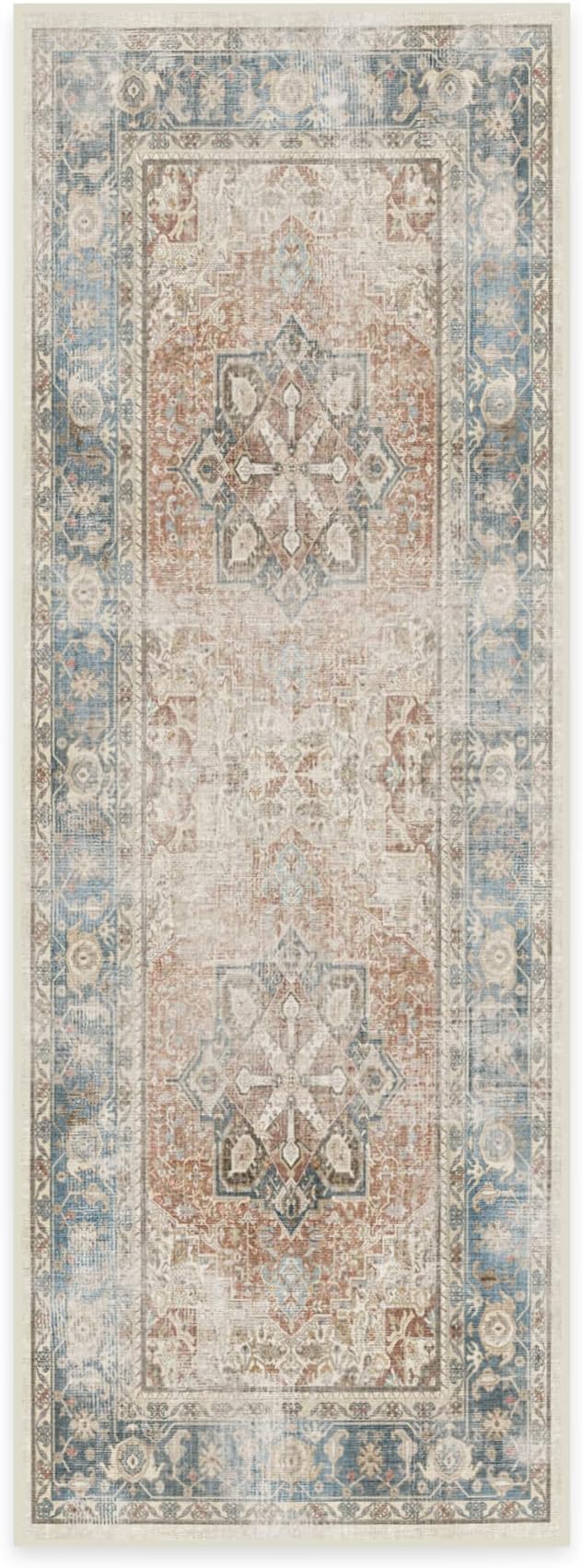 RUGGABLE Washable Vintage Runner Rug – Kamran Coral 2.5x7, Stain-Resistant, Non-Slip Hallway Runner – Machine Washable Rug for Hallway, Entryway, Living Room & Kitchen–with Cushioned Pad