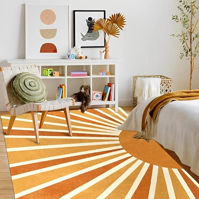 Lahome Boho Machine Washable Area Rugs - 6x9 Rug for Living Room Non-Slip Large Rug Lightweight Throw Soft Bedroom Carpet, Sun Print Abstract Ultra-Thin Indoor Rug for Classroom Nursery Dining Room