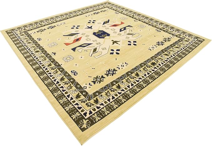 Unique Loom Taftan Collection Border Geometric Tribal Inspired Design Area Rug (8' 0 x 8' 0 Square, Gold/ Gray)