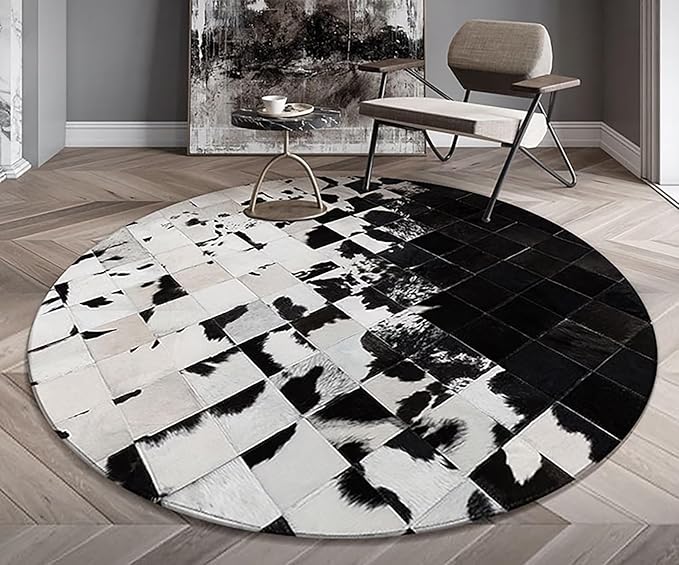 Cowhide Round Leather Rug 9x9 ft – Genuine Hair-On Hide Patchwork Area Rug for Living Room, Bedroom, Kids Playroom, Lounge & Western Home Decor
