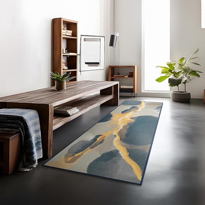 Phantoscope Washable Runner Rug 2'x6' Non-Slip, Modern Boho Hallway Rugs for Entryway, Stair, Bedroom, Dining Room, Cloudscape Golden Horizon Pattern, Low-Pile Foldable Floor Carpet, Deep Grey/Gold