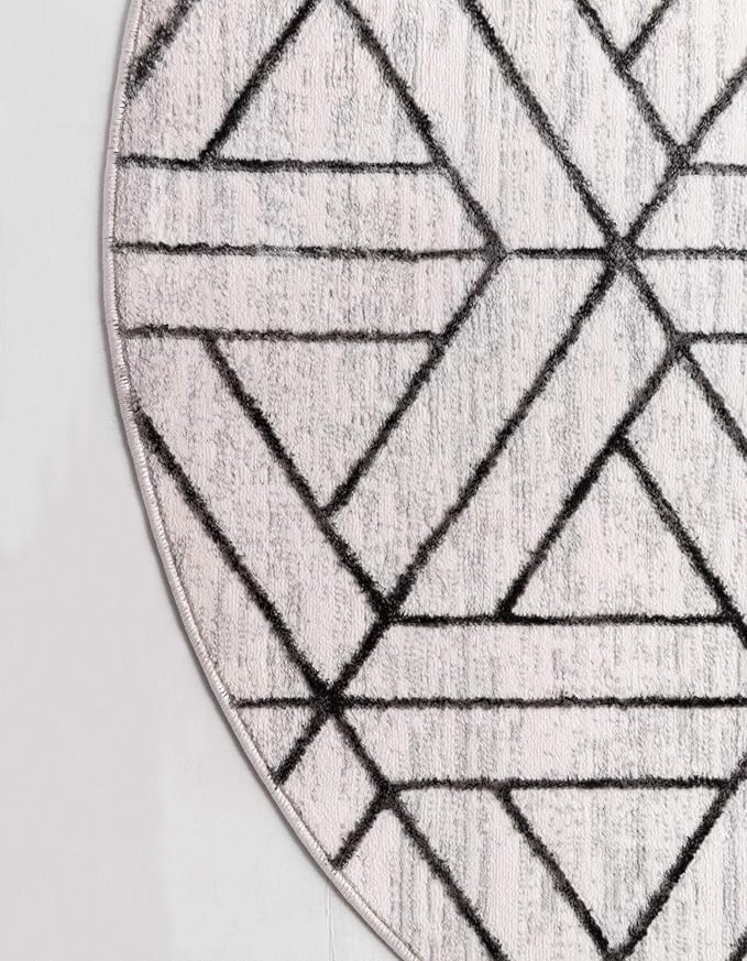 Rugs.com Lattice Trellis Collection Rug – 3 Ft Round White Low-Pile Rug Perfect for Kitchens, Dining Rooms