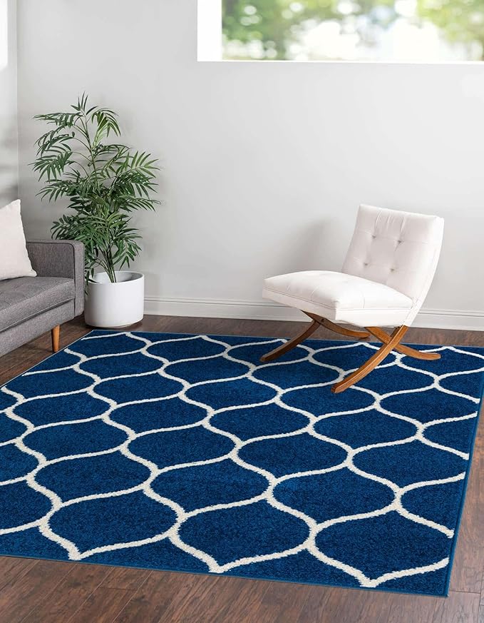 Rugs.com Lattice Frieze Collection Rug – 3' Square Navy Blue Medium Rug Perfect for Living Rooms, Kitchens, Entryways