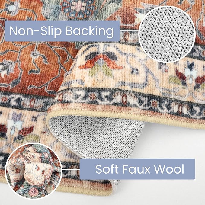 KOZYFLY Runners for Hallways 2.6x8 Ft Washable Kitchen Runner Rug Boho Runner Rug for Entryway Indoor Rust/Orange/Blue Printed Oriental Faux Wool Floor Carpet Runner for Bedroom Kitchen Hall