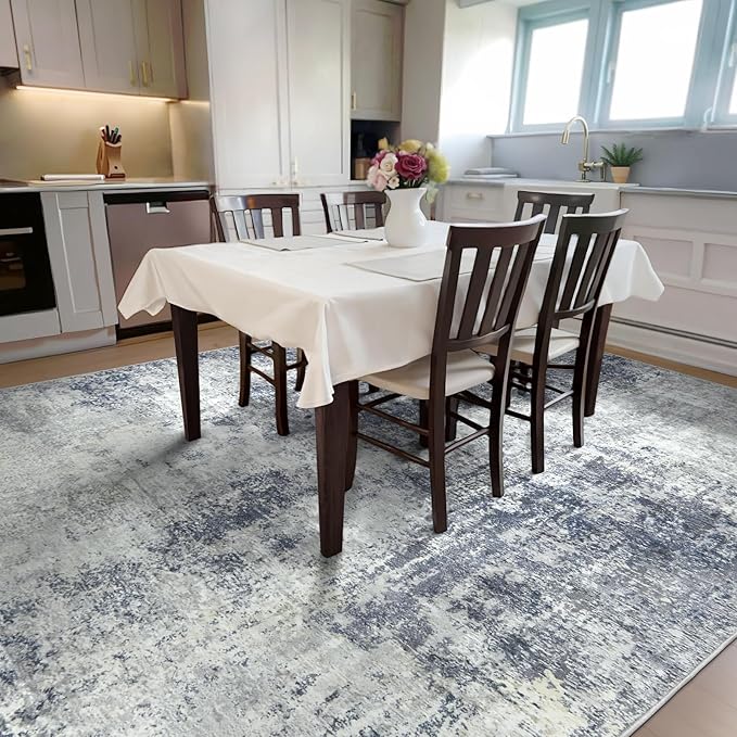 Washable Area Rugs for Living Room 9x12 - Large Neutral Modern Abstract Rug, Soft Low Pile Carpet with Non Slip Backing for Under Dining Room Table, Bedroom, Home, Office, Dorm - Indigo Gray