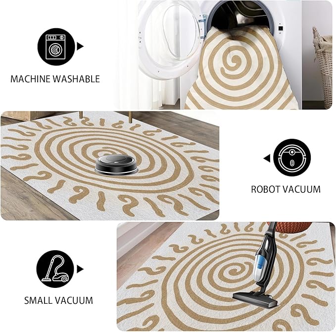Boho Washable Rugs for Bedroom 6x8, Modern Sun Print Soft Minimalism Area Rug, Non Slip Low Pile Abstract Carpet for Classroom Living Room Decor Dining Room, Beige Yellow