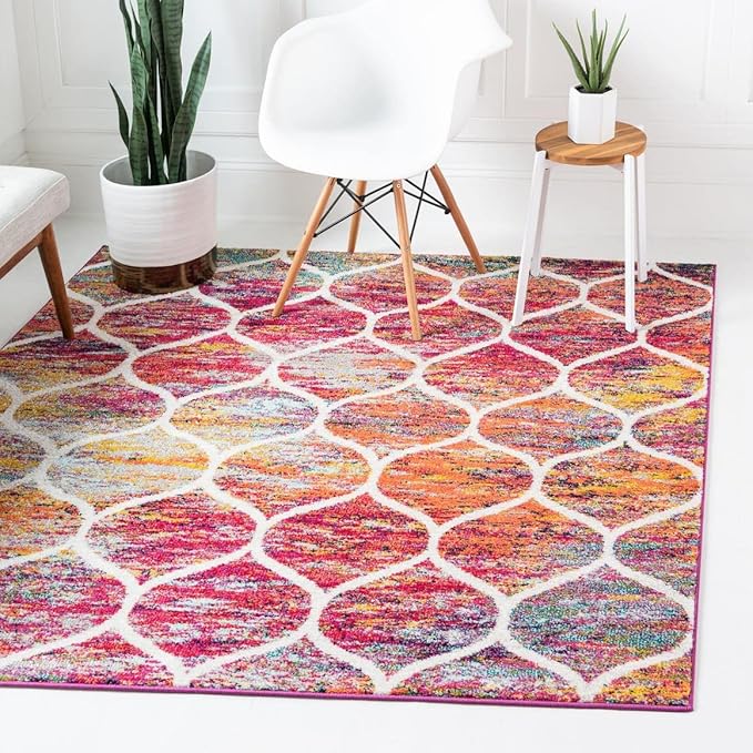 Rugs.com Lattice Frieze Collection Rug – 6' Square Multi Medium Rug Perfect for Living Rooms, Kitchens, Entryways