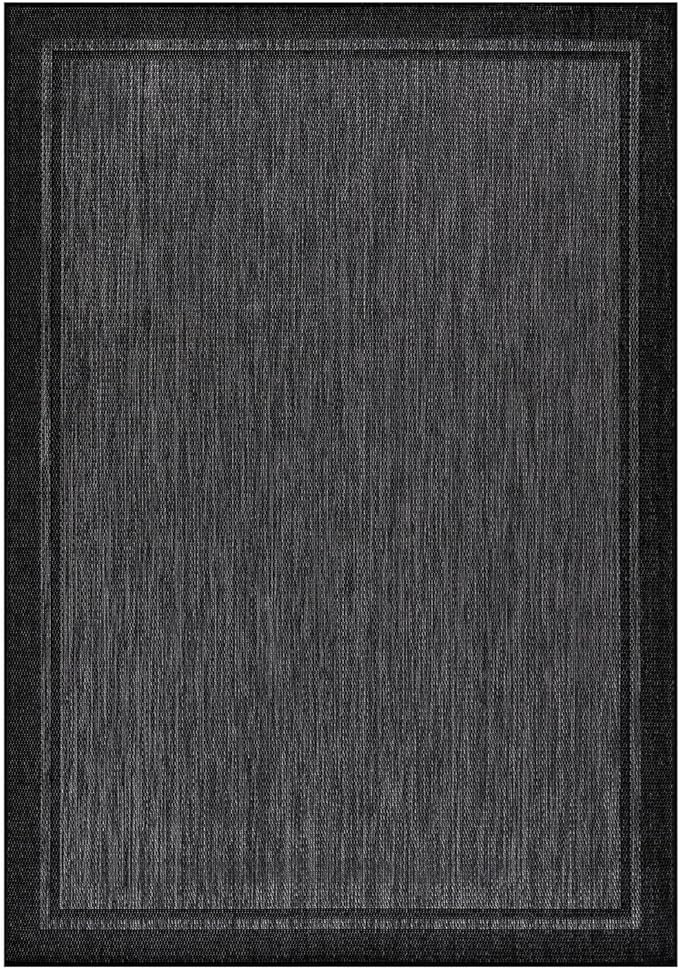 CAMILSON Indoor Outdoor Rug, 5x7 Bordered Dark Grey Black Modern Area Rugs for Indoor and Outdoor Patios, Kitchen and Hallway Mats, Washable Porch Deck Outside Carpet (Bordered Black, 5 x 7)