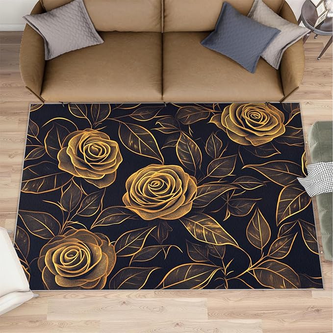 Rose Rugs for Bedroom - 4x5 Area Rug - Black Gold Flowers Rugs for Living Room, European Light Luxury Flowers Rug, Washable Home Decor Carpet