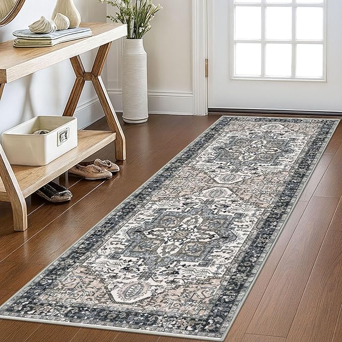 KOZYFLY Runners for Hallways 2x6 Ft Washable Kitchen Runner Rug Boho Runner Rug for Entryway Indoor Printed Oriental Faux Wool Floor Carpet Runner for Bedroom Kitchen Hall, Black/Taupe/Beige